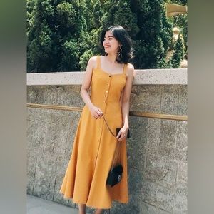 Korean Style Women’s A-Lined Button-Down Sleeveless Midi Dress, Size S, Orange